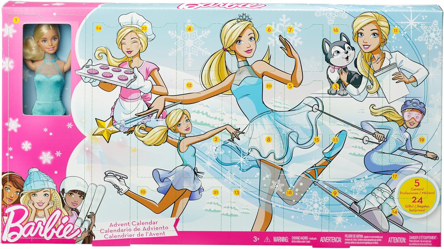 Barbie FGD01 Advent Calendar 2018, Toy Christmas Calendar with Doll in Blue Dress, 23 Accessories and Fashions