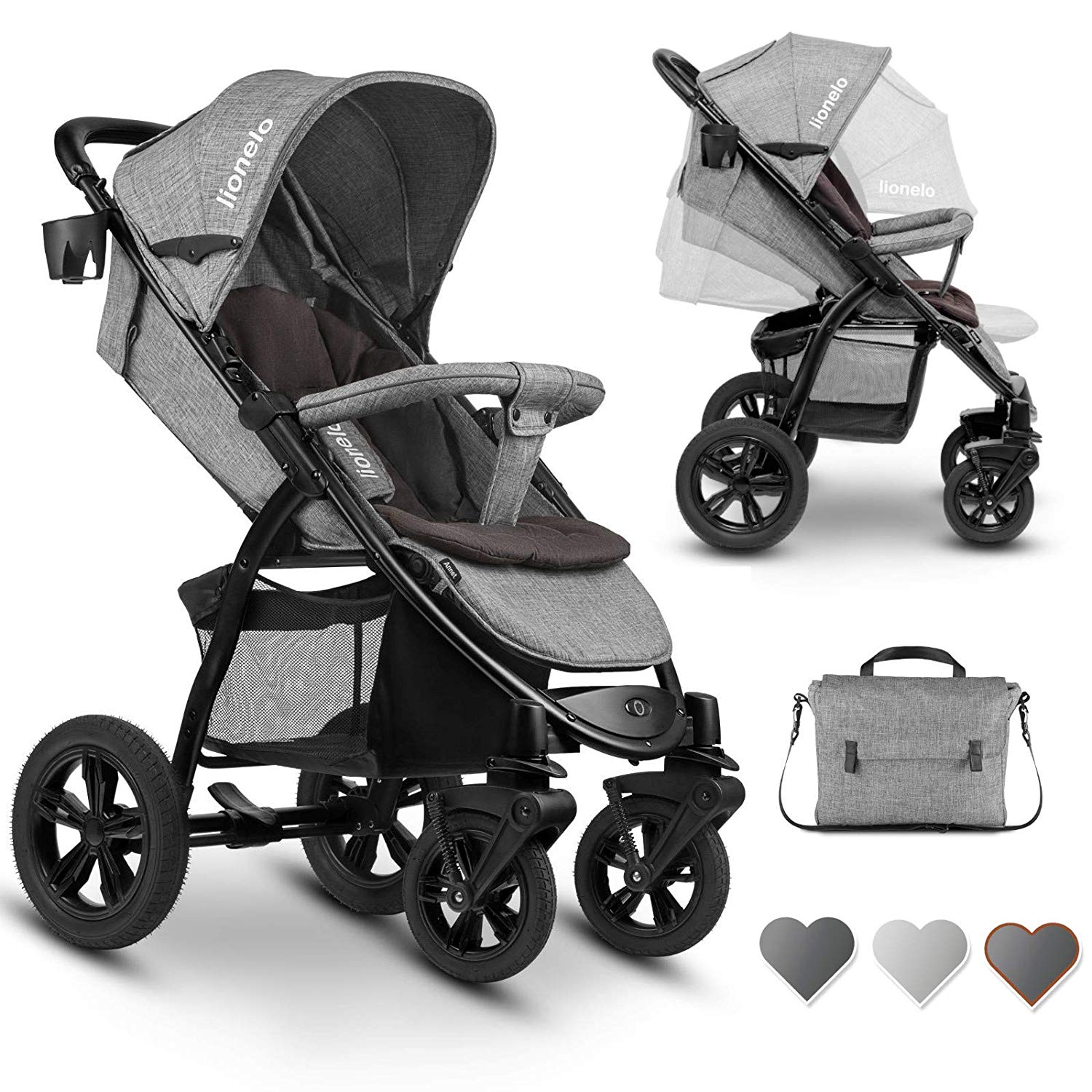 Lionelo Annet Tour Buggy with Reclining Position - Small Foldable Pushchair with Seat Cushion and Parents’ Bag - Solid Rubber Wheels - Mosquito Net - Drink Holder - Shopping Basket betonfarben