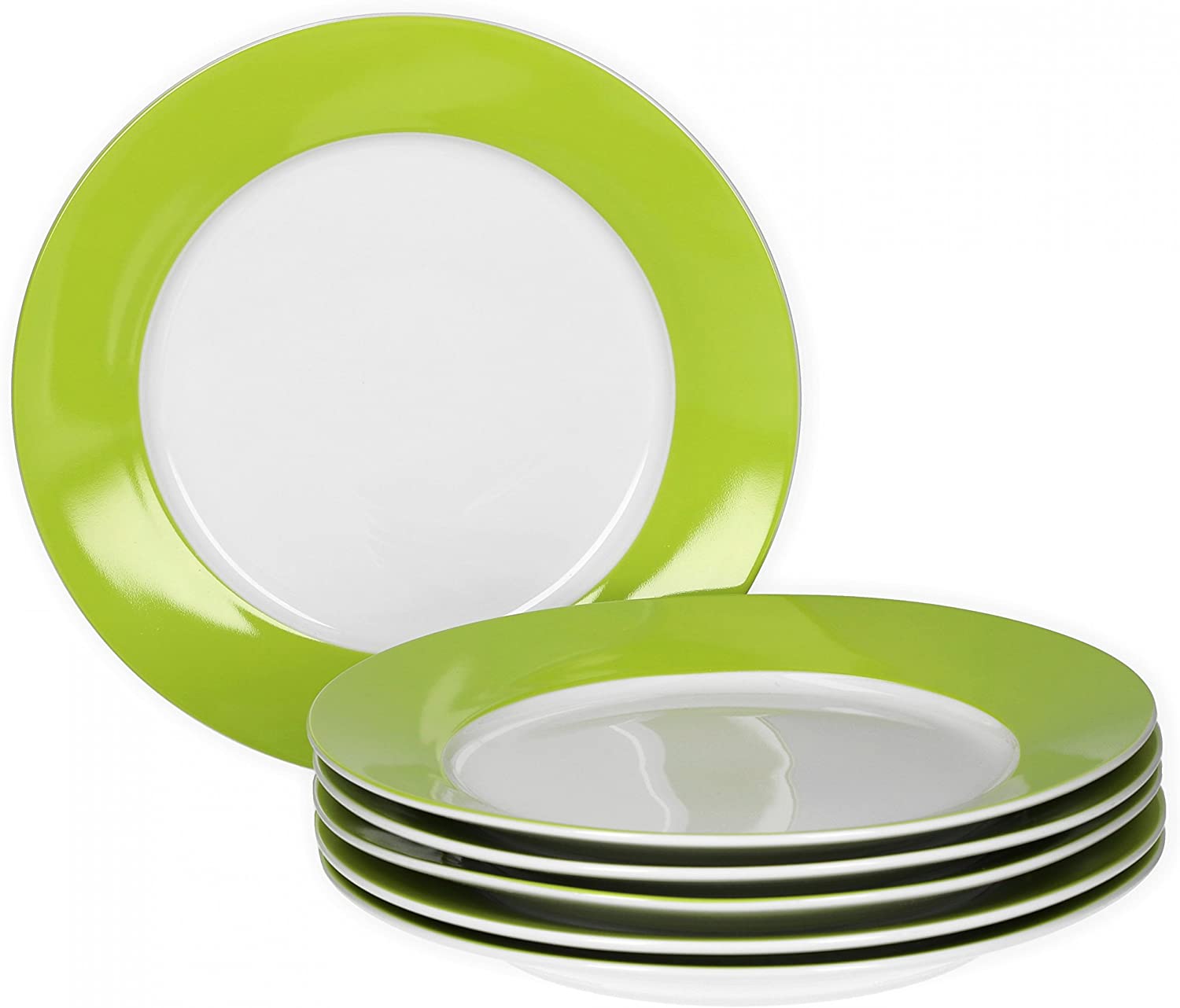 Van Well Vario Breakfast Plate Set 6 Pieces I Plate Service for 6 People I Cake Plate with Diameter 20 cm I Porcelain Set White with Green Rim I Dessert Plate Set Microwave Safe