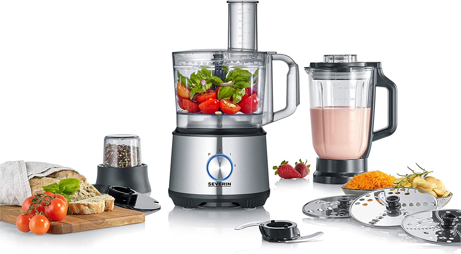 SEVERIN KM 3892 Multifunctional Food Processor for Kneading, Stirring, Gratering, Grinding and Much More, Food Processor with Extensive Accessories, High-Quality Multi-Chopper, Grey