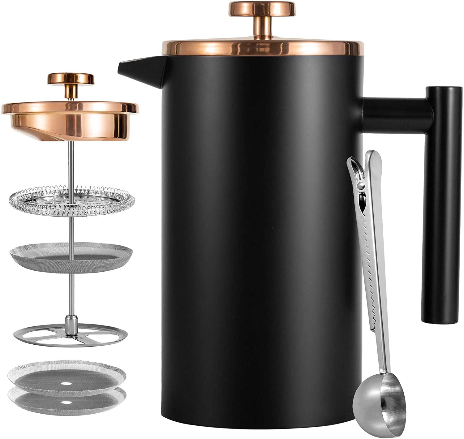MeelioCafe Coffee Maker, French Press 1L Stainless Steel Coffee Press, Tea or Cafetiere Kettle, with 2 Additional Filter Sieves, Coffee Spoons, Black Rose Gold, Double-Walled Insulated Coffee Filter