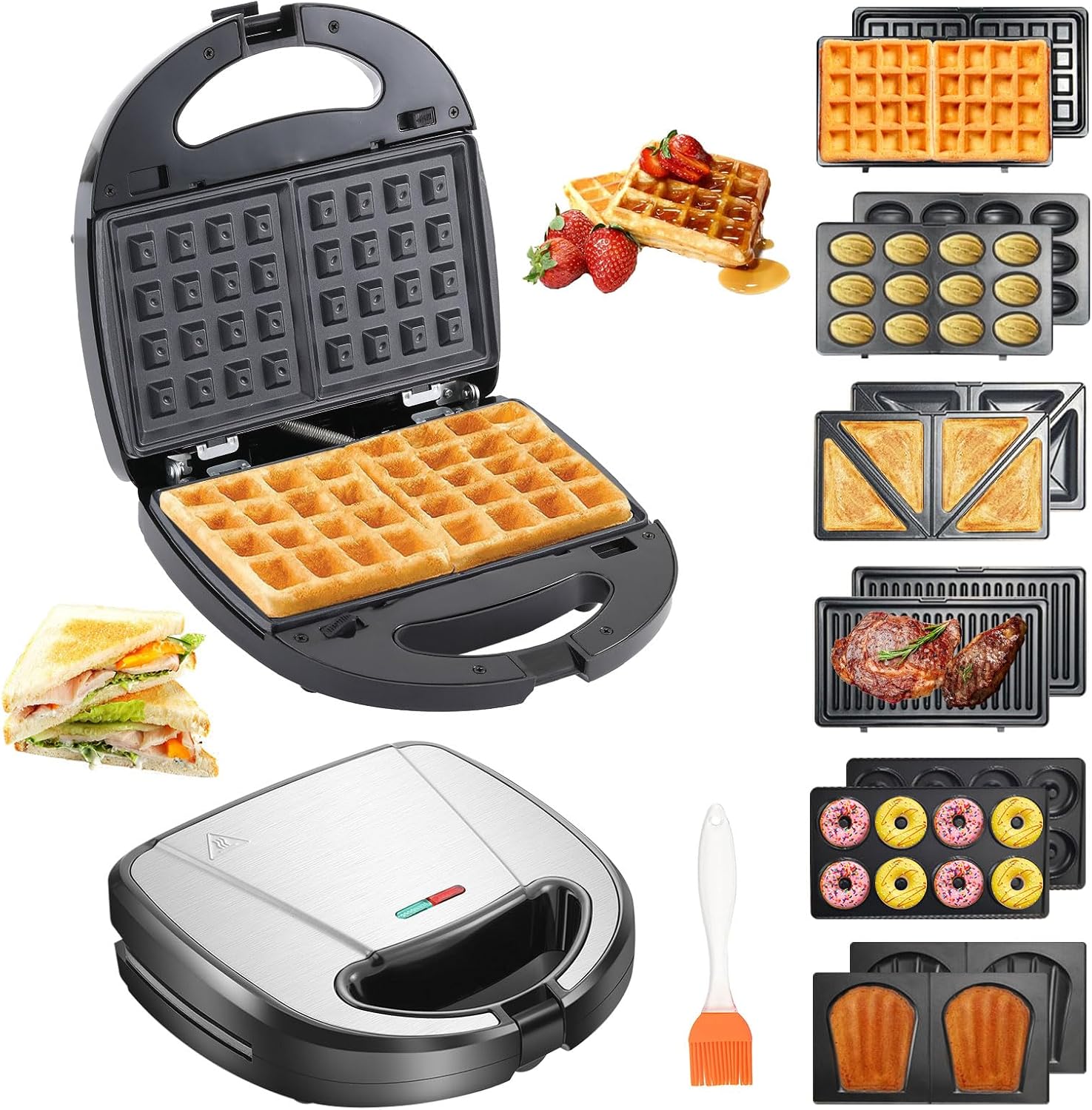 OKYUK Sandwich Maker 6 in 1, 750 W Sandwich Toaster with 6 Removable Non-Stick Grill Plates, Easy Cleaning, Waffle Iron with Indicator Lights Meet Various Breakfast Needs