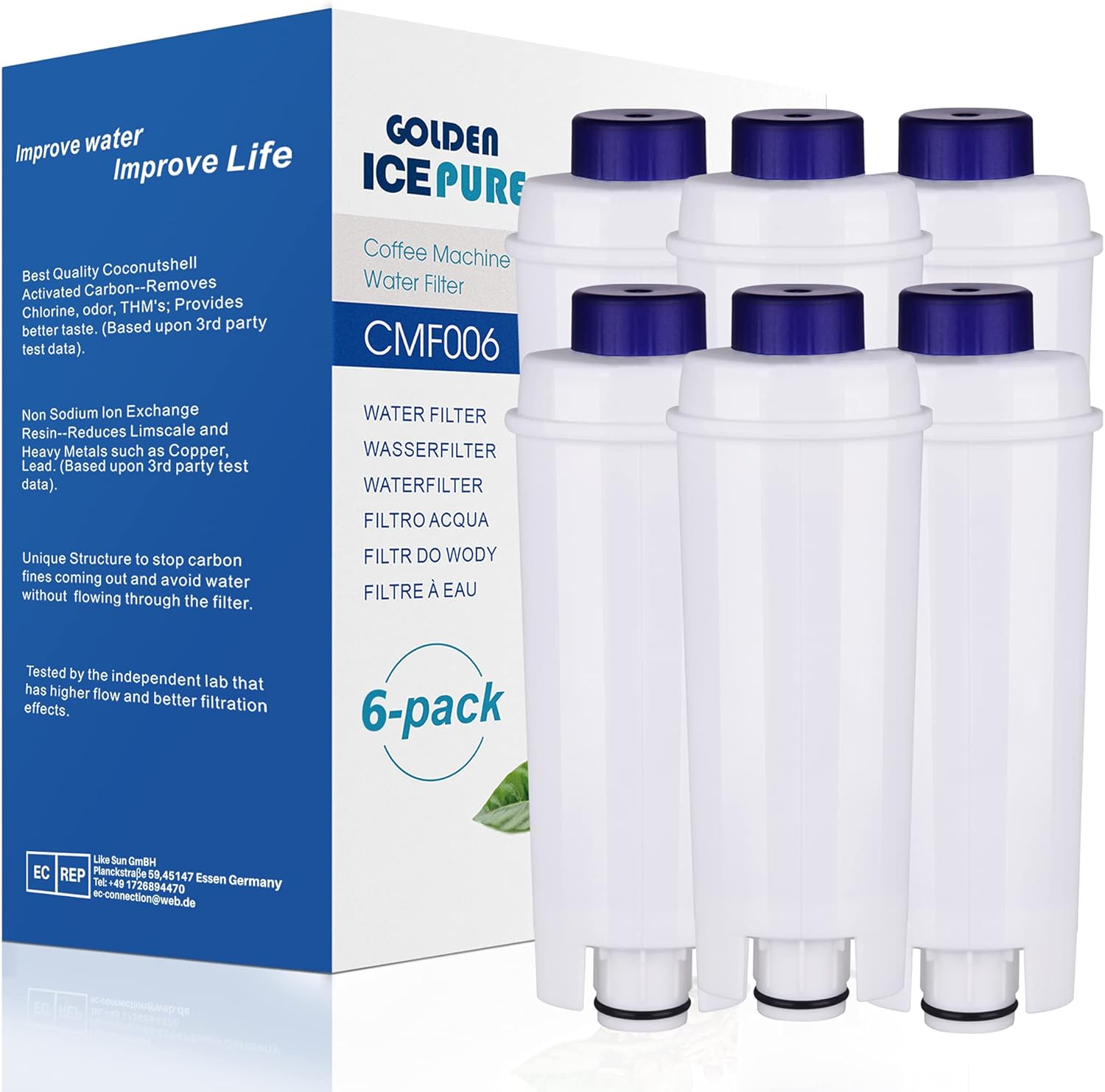 GOLDEN ICEPURE Water Filter Coffee Machine Compatible with De\'Longhi DLSC002, SER3017 & 5513292811, ECAM, ESAM, ETAM, BCO, EC Series, Pack of 6