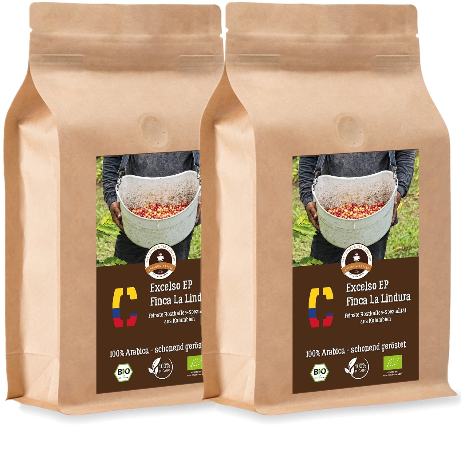 Coffee Globetrotter - Colombia Excelso EP Finca la Lindura - Organic - 2 x 1000 g Medium Ground - for Fully Automatic Coffee Grinder - Roasted Coffee from Organic Cultivation | Refill pack economy