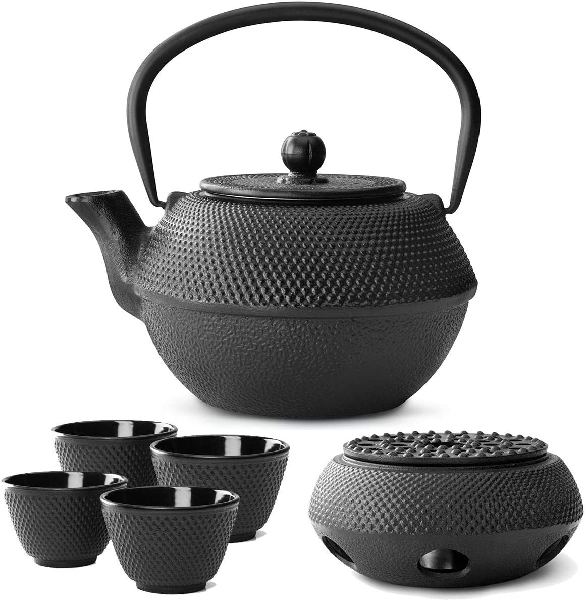 Bredemeijer Teapot Asian Cast Iron Set Black 1.1 Litre with Tea Filter Strainer with Tea Warmer & Tea Cup (4 Cups)