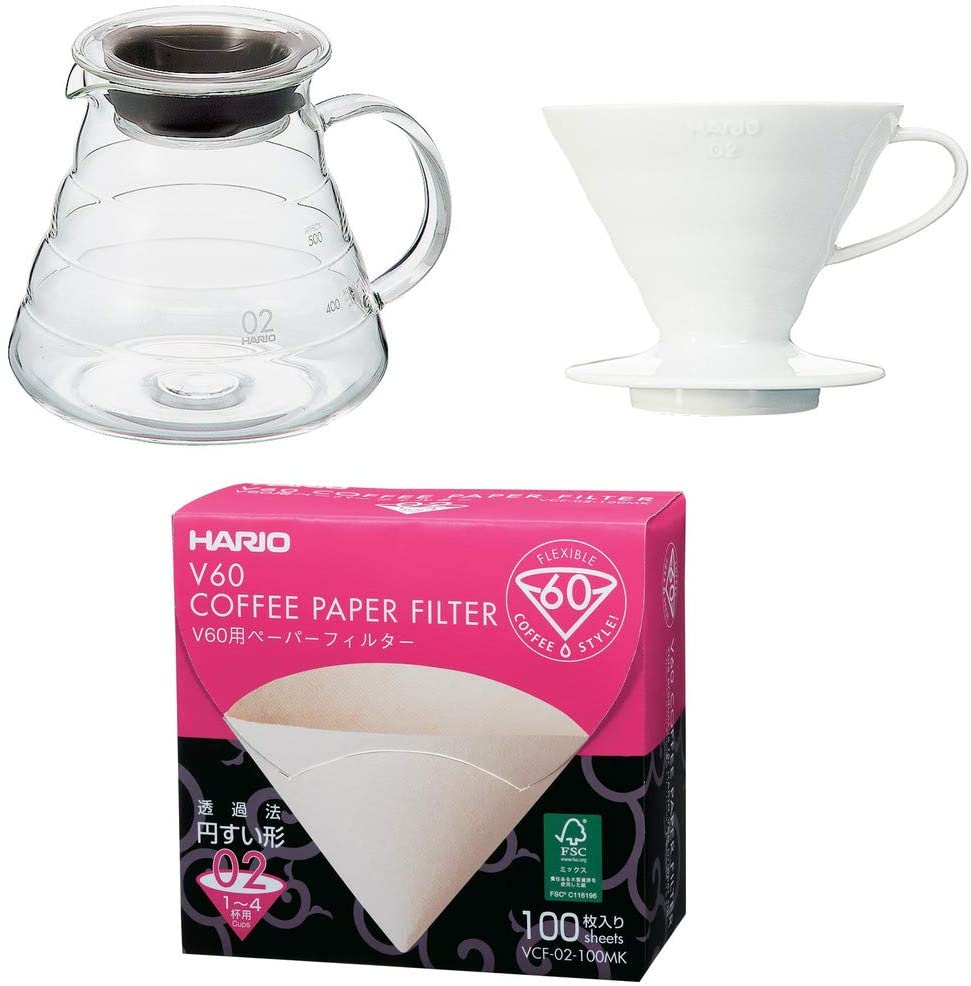 Hario Coffee Set Glass Coffee Pot with Matching Porcelain Coffee Filter and Filter Paper Size 1 VCF-01-100W + VDC-01W + XGS-36TB