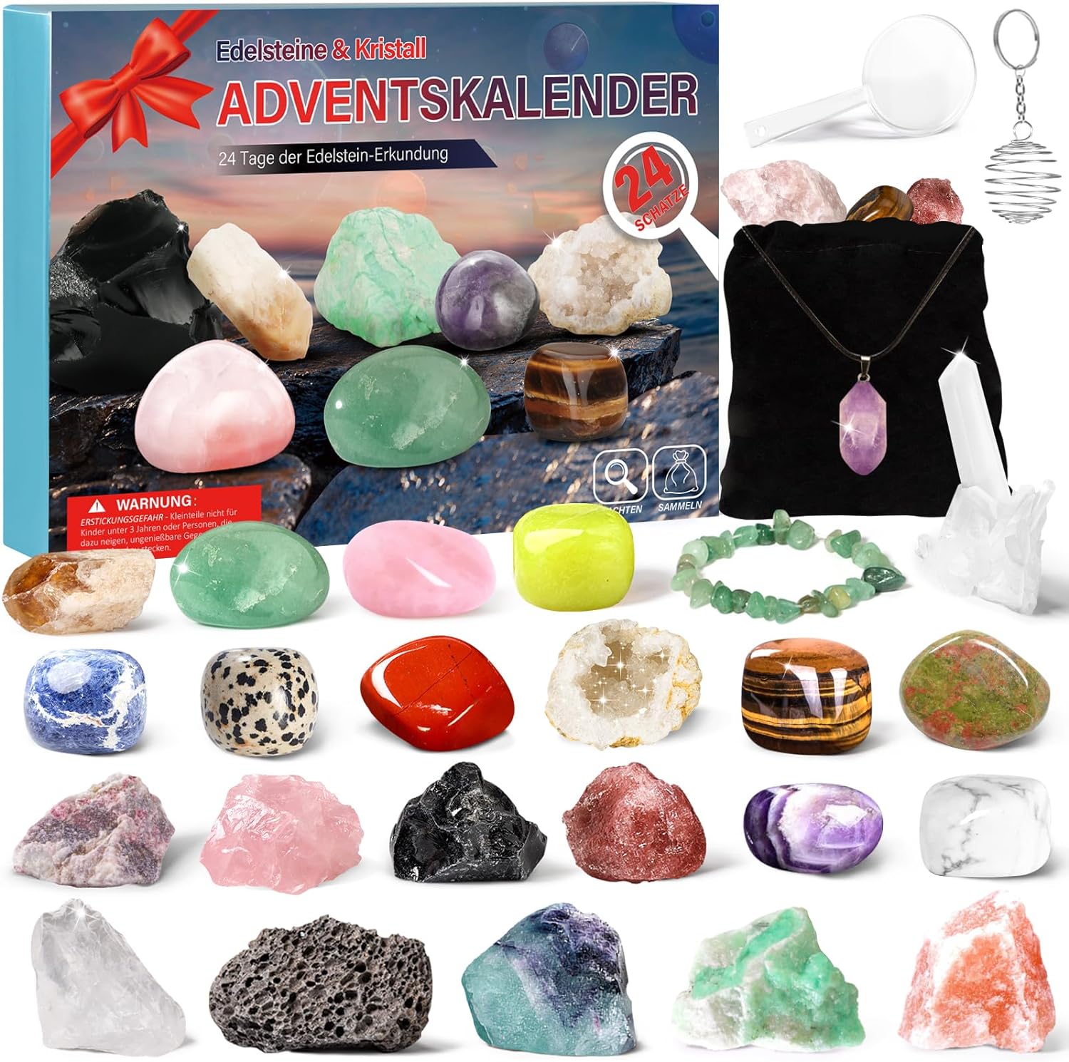 Advent Calendar 2023, Christmas Countdown Calendar 24 Pieces Natural Gemstone Rocks and Minerals for Collecting and Learning, Christmas Gift for Girls Boys Geology Enthusiasts