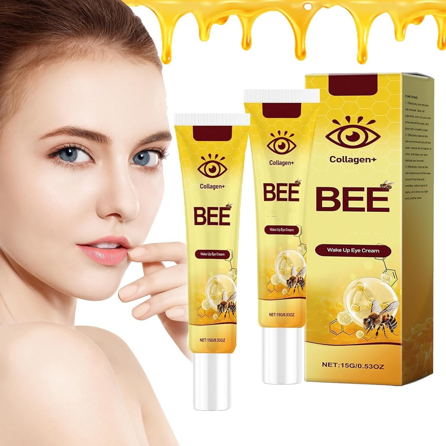 Flysmus Collagen Bee Wake Up Eye Cream, Bee Under Eye Cream, Temporary Firming Eye Cream, Anti-Ageing Eye Treatment, Reduces Wrinkles, Puffiness & Dark Circles (2 Pieces, 1)