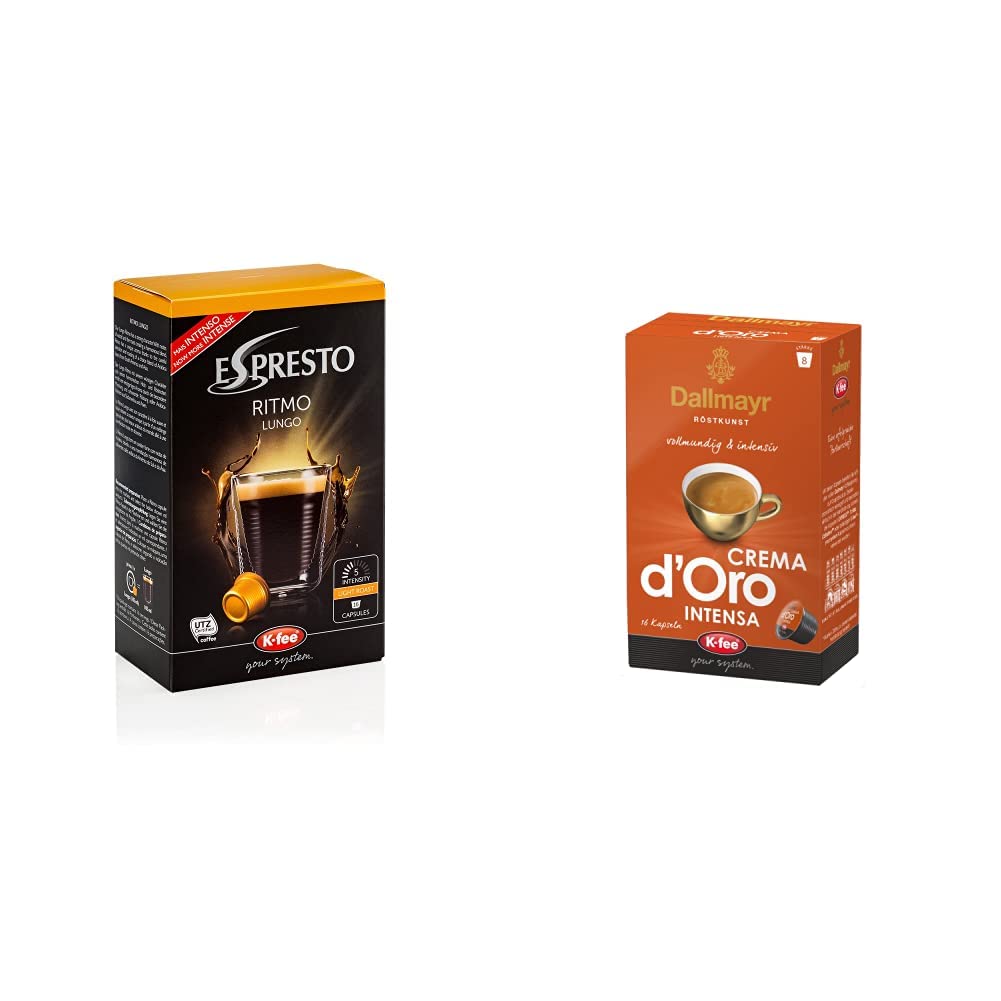 ESPRESTO Ritmo Lungo Coffee Capsules Strength 5, K-fee System, Pack of 6 (6 x 124 g) & Dallmayr Cream d'Oro Intensa Coffee Capsules, 96 Pieces, Compatible with Tchibo Cafissimo (R)*, Pack of 6 (6 x 16