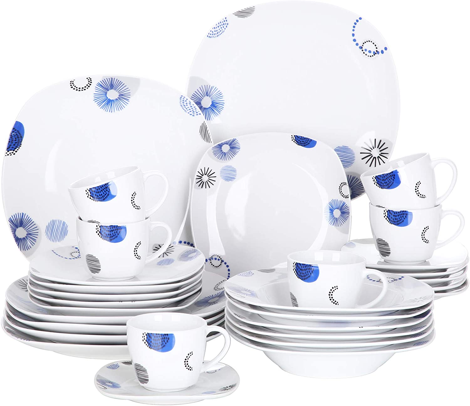 VEWEET Dinner Service 30 Pieces | Crockery Set Includes Coffee Cups, Saucer, Dessert Plate, Dinner Plate and Soup Plate | Complete Service for 6 People