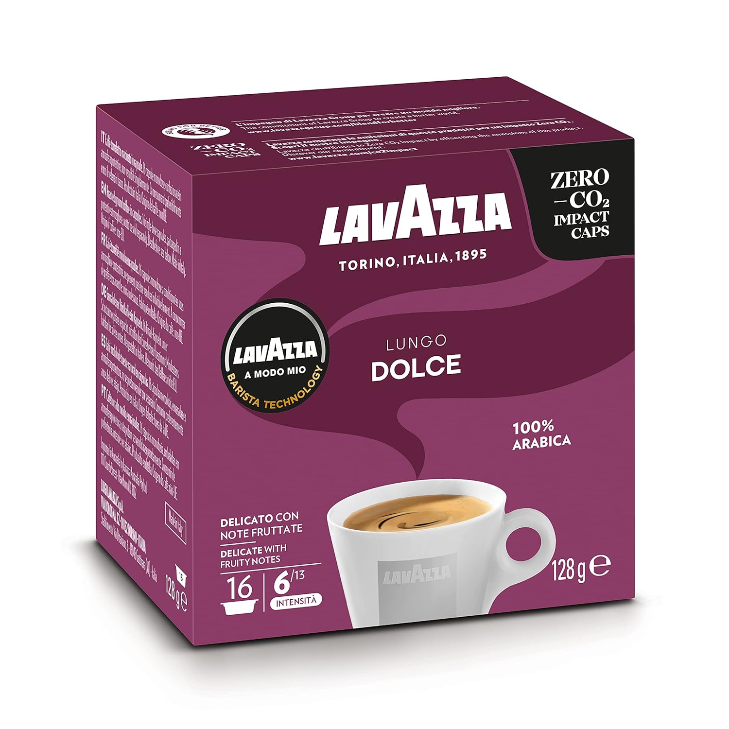 Lavazza, A Modo Mio Lungo Dolce 1 Pack of 16 Coffee Capsules with Dried Fruit Flavors 100% Arabica Intensity 6/13 Medium Roast