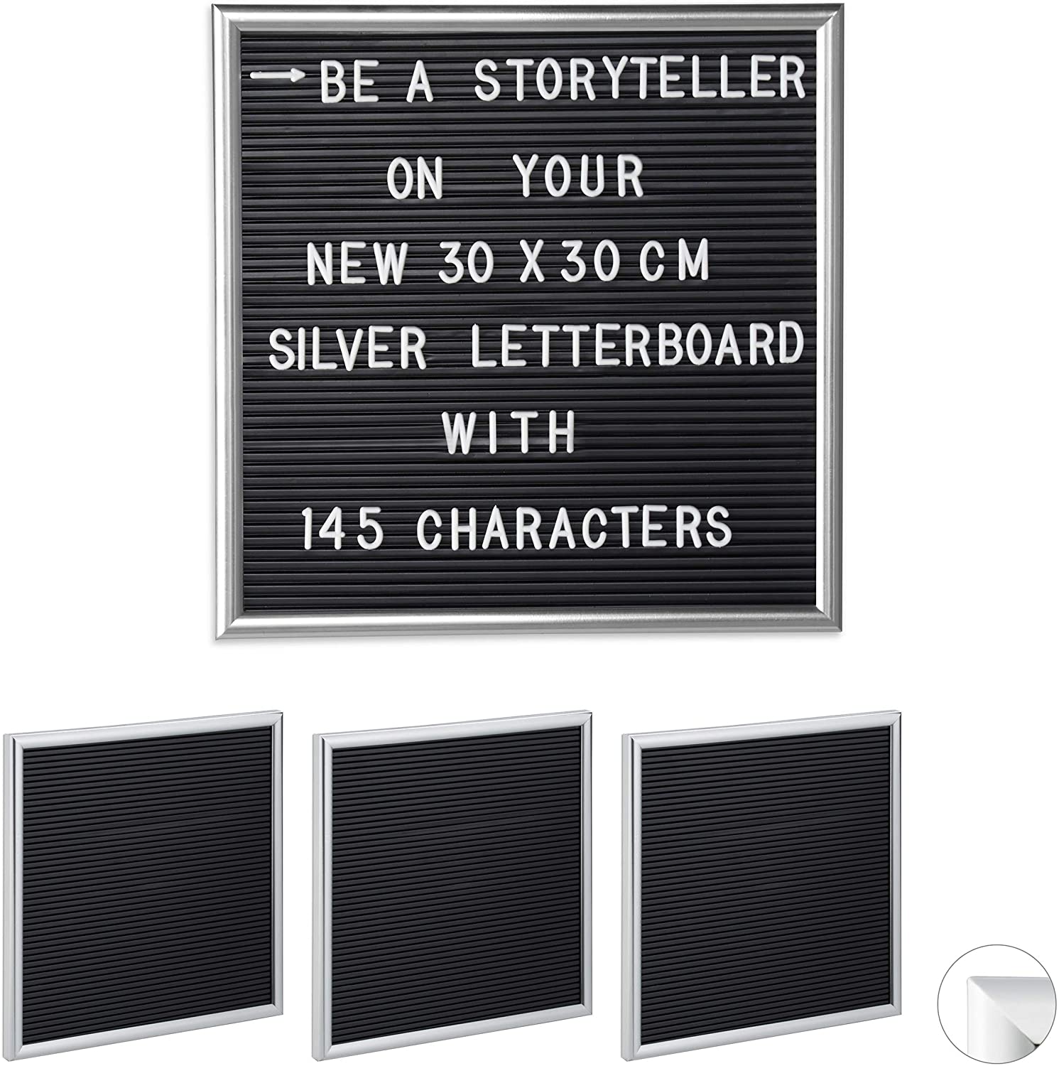 Relaxdays 4 x Letter Board, 145 Letters, Numbers, Special Characters, 30 x 30 cm, Letter Board for Sticking, Plastic, Silver