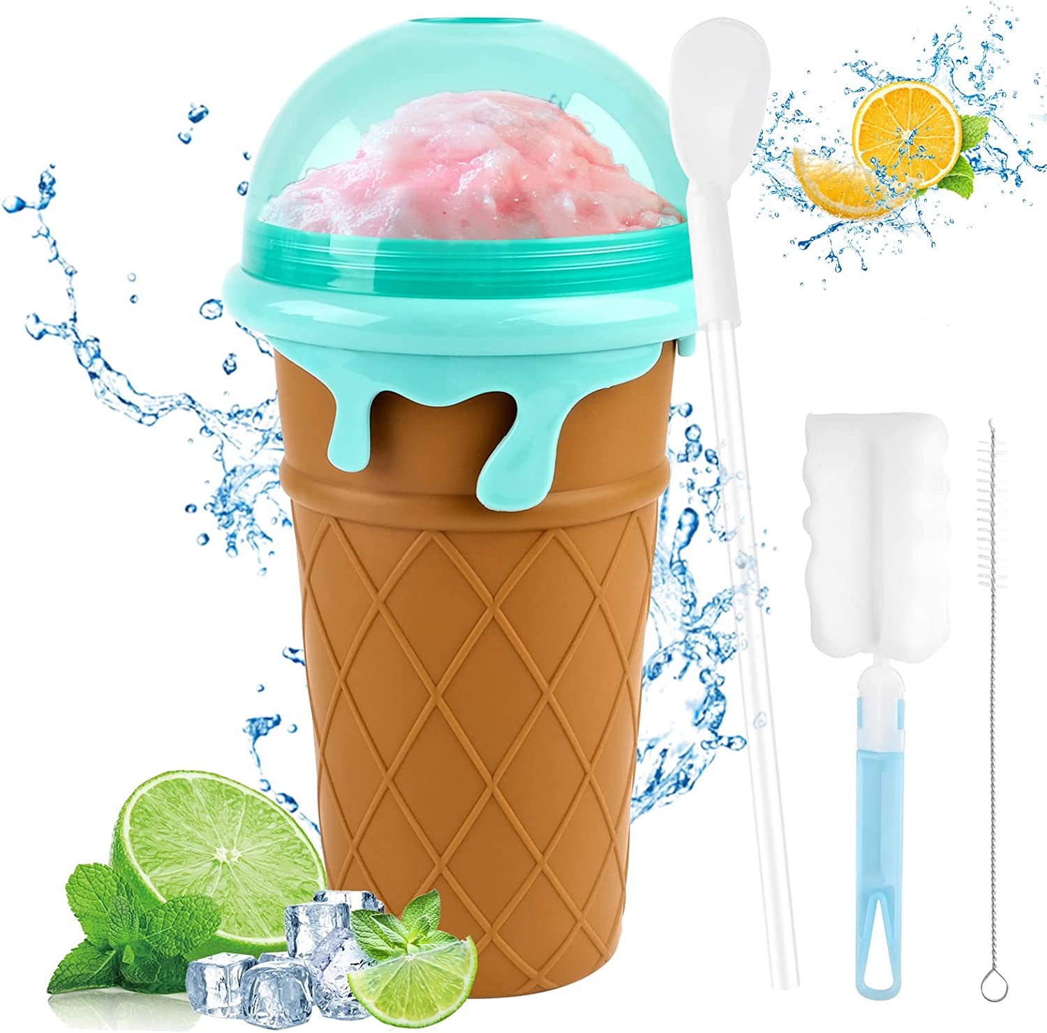 WUGU Slushy Cup, 500 ml Silicone Slushy Maker Cup with 2 in 1 Straw and Spoon, Slushy Ice Cream Cup with Cleaning Brush, Slushy Maker Cup for Various Drinks Smoothies (Brown)