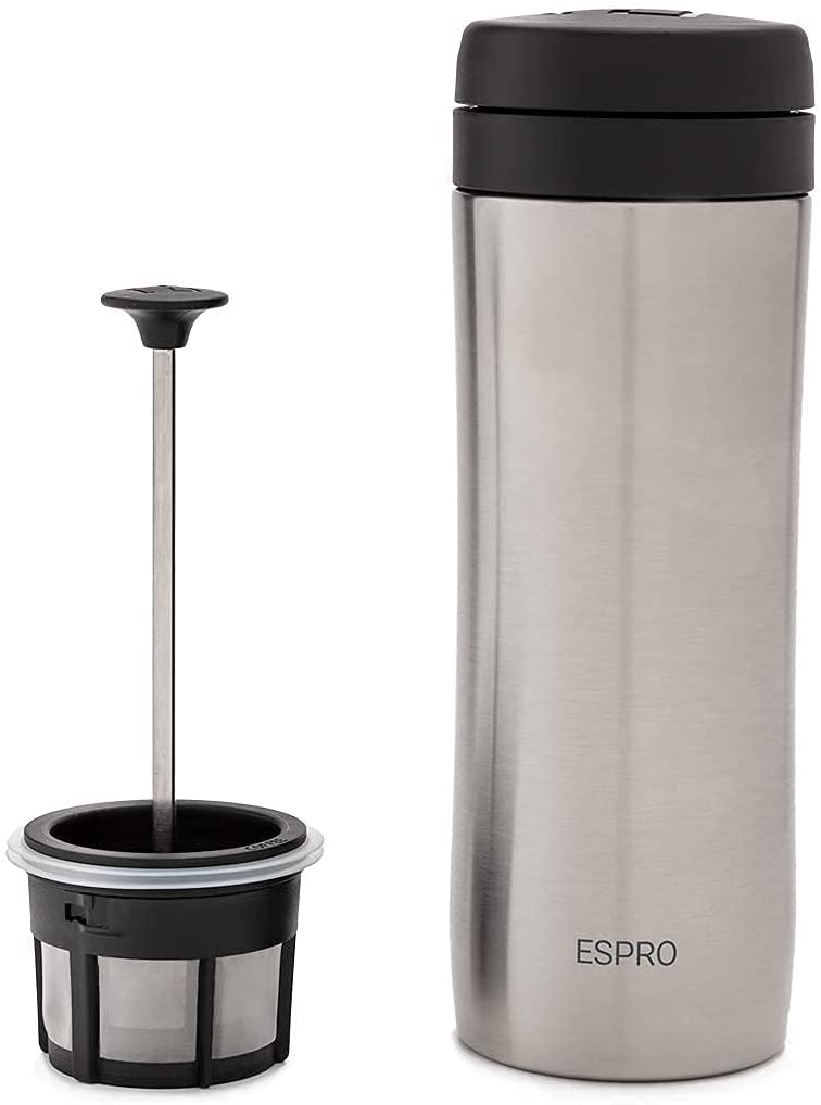 ESPRO Reis-French Press Travel Press, Mini Coffee Maker with Thermal Function, Stainless Steel, Coffee, to Go, 350 ml, Stainless Steel