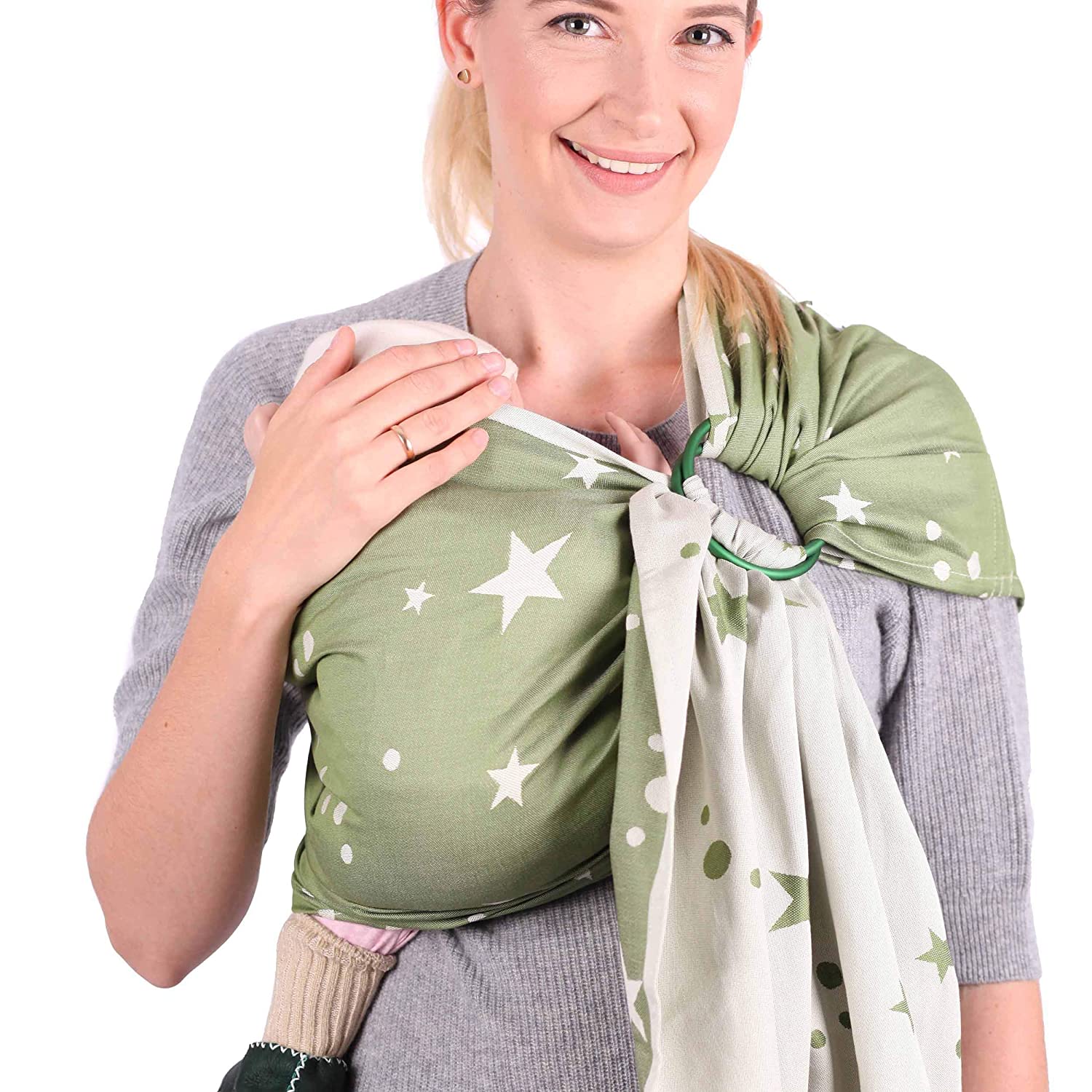 Schmusewolke Ring Sling Baby Sling Hybrid Structured Weave Mirastar Olivine Organic Cotton 70 x 215 cm Baby Size Toddler Size Newborn and Toddlers 0-60 Months 3-16 kg Hip Carrier