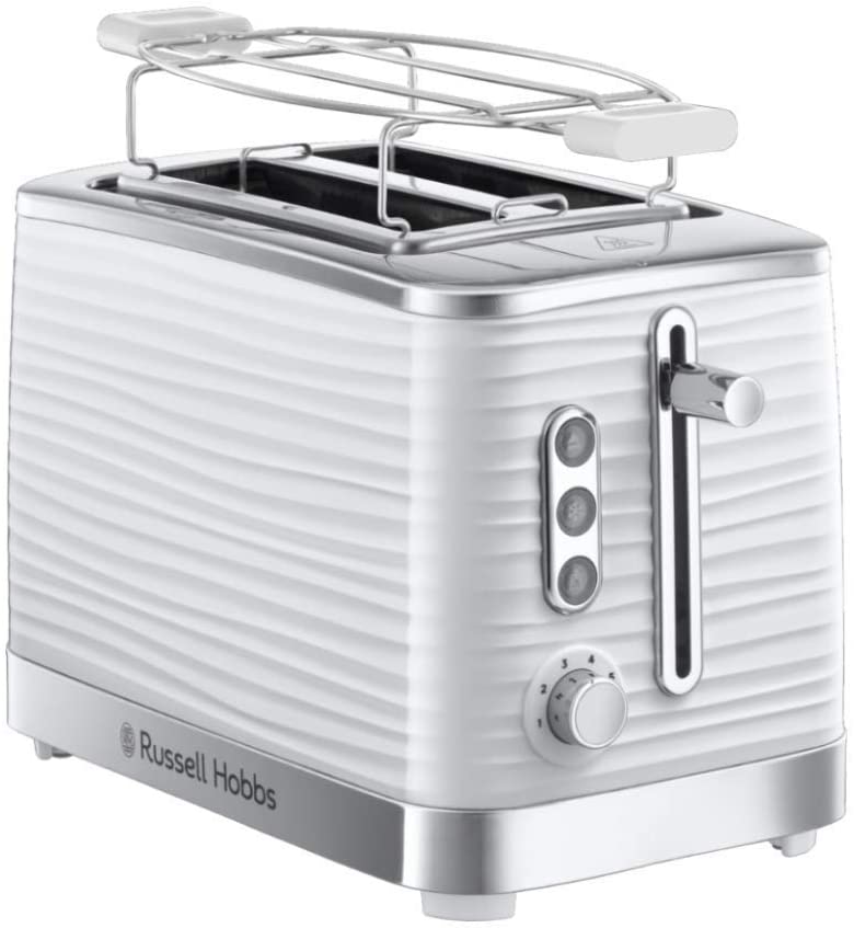 Russell Hobbs Inspire White 24370-56 Toaster, High-Gloss Plastic, Lift and Look Function, Up to 6 Adjustable Toasting Levels, Extra Wide Toast Slots, Bread Roll Attachment, White