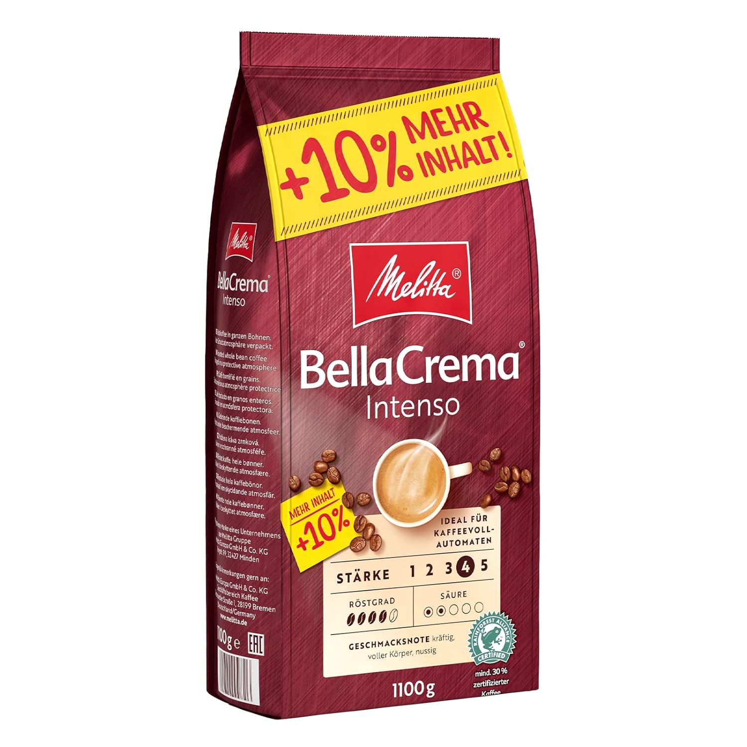 Melitta Bellacrema Intego entire coffee beans 1.1kg, unmounting, coffee beans for fully automatic coffee, strong roasting, roasted in Germany, strength 4