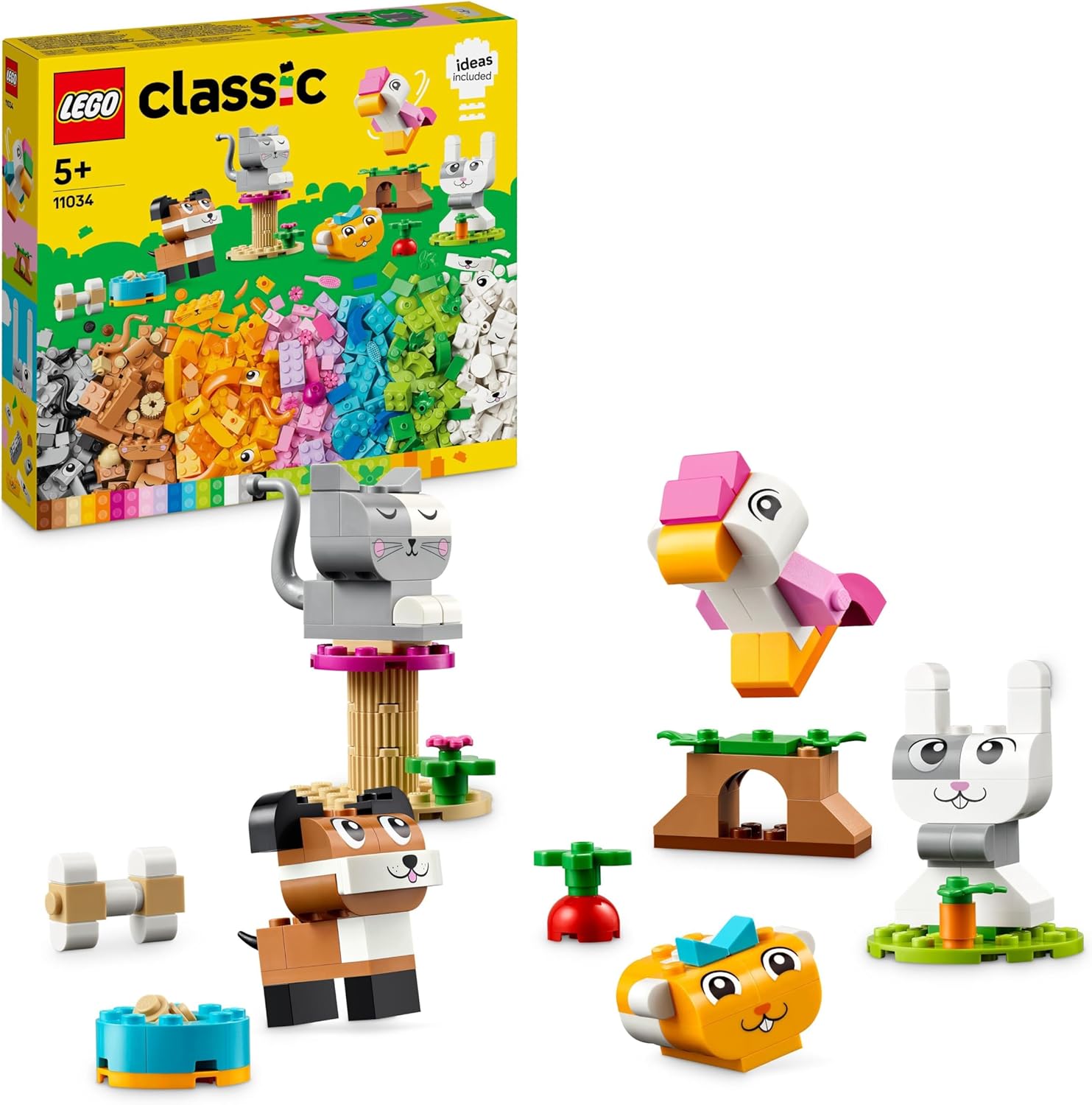 LEGO Classic Creative Animals, Box with Colourful Stones, Building Toy Animal Figures Made of Building Blocks such as Dog, Cat, Rabbit, Hamster and Bird, Construction Toy for Boys and Girls from 5