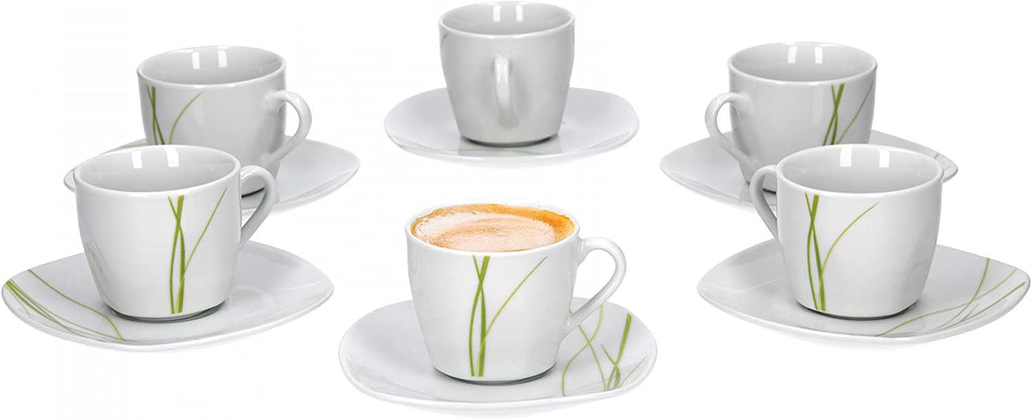 Van Well Bali Set of 6 Espresso Cups and Saucers, Espresso Set, Line Decor, Fine Branded Porcelain