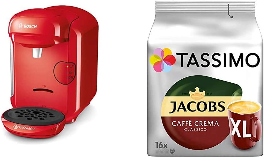 Bosch Hausgerate Bosch TAS1403 Tassimo Vivy2 Capsule Machine, Over 70 Drinks, Fully Automatic, Suitable for All Cups, Compact Size, Tassimo Capsules Jacobs Caffè Crema + Latte Macchiato + Milka + Tasting Box