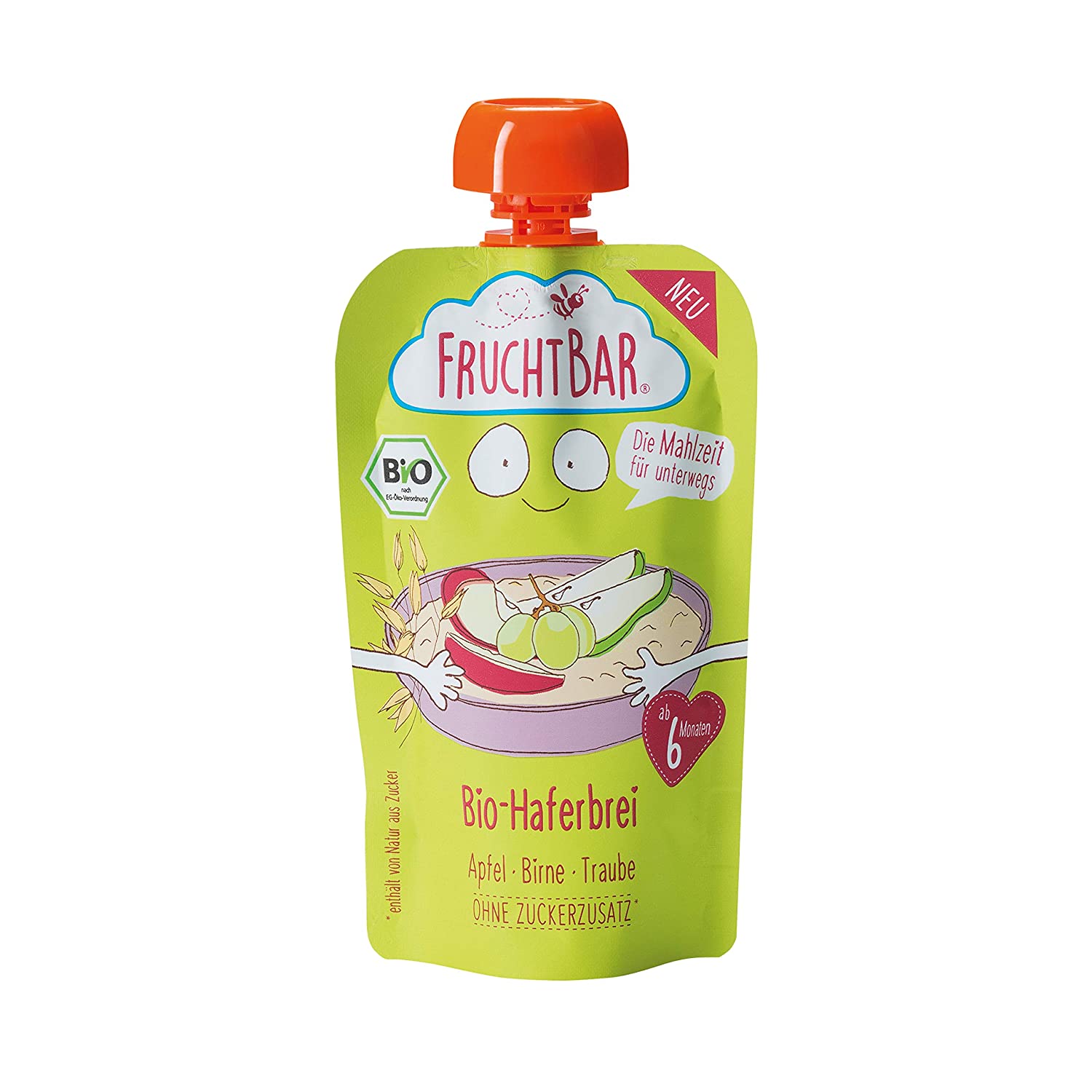 FruchtBar Bio-Haferbrei Apfel, Birne, Traube, im Quetschbeutel, 8x120g