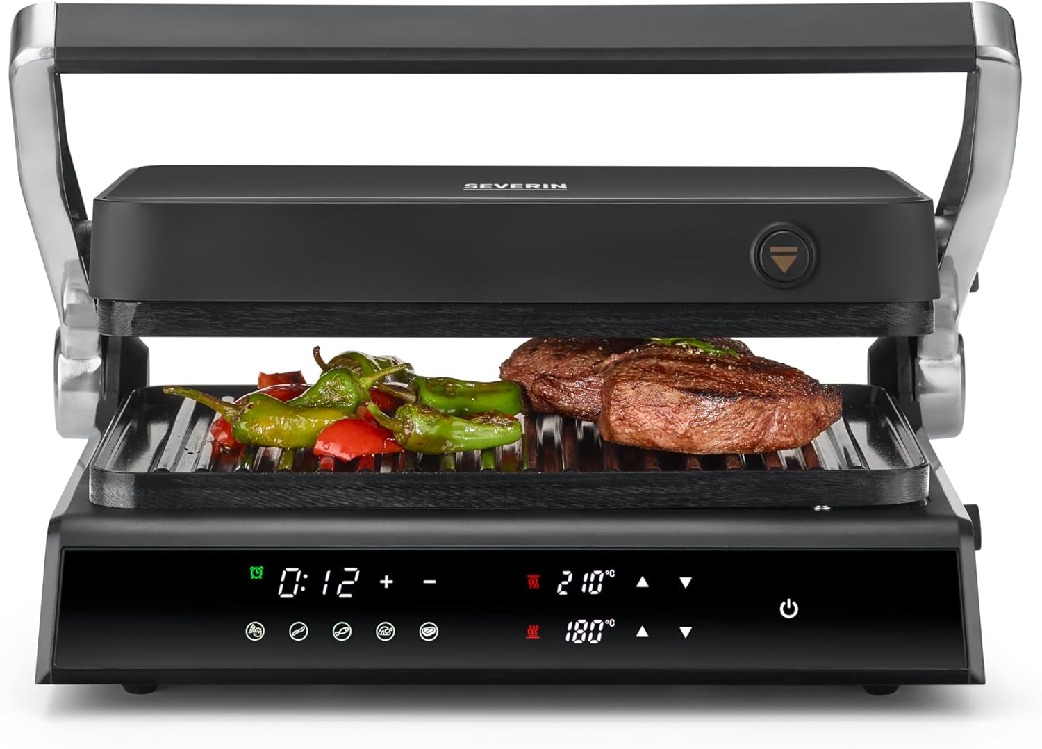 SEVERIN SEVINI Comfort for Meat, Fish & Vegetables, Digital Sandwich Maker for Grease-free Grilling with 5 Auto Programs, Ceramic Coated, Indoor Grill up to 230 °C Heat, 1,800 W, Black, KG 2399