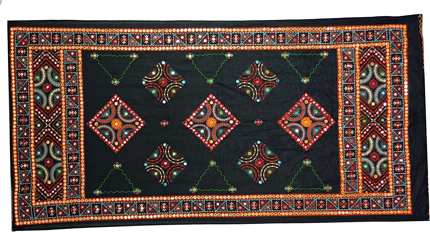 GURU SHOP Embroidered Cloth with Mirror, Indian Boho Wall Towel, Pareo, Black, Cotton, 210 x 105 cm, Bed Throw, Sofa Throw