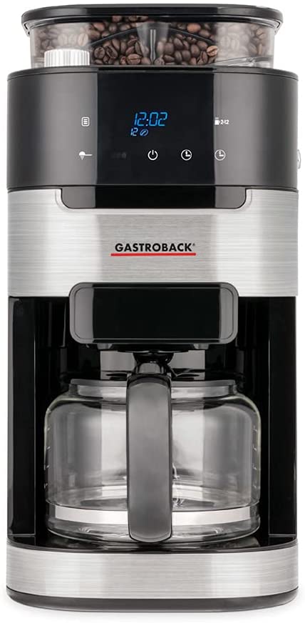 Gastroback 42711 Coffee Machine Grind & Brew Pro, Filter Coffee Machine with Integrated Grinder, Conical Grinder with 8 Grinding Levels, Soft-Touch LCD Display, Glass Jug, 12 Cups, Black/Stainless Steel