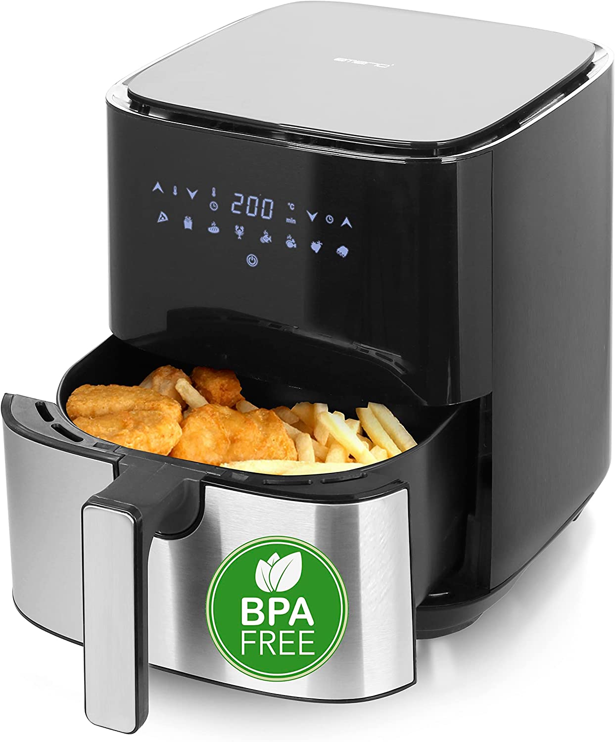 Emerio AF-126323 Hot Air Fry, 5.0 L Volume for the Whole Family, Stainless Steel, 1450 Watt, BPA-Free, Digital, 8 Automatic Programs Black