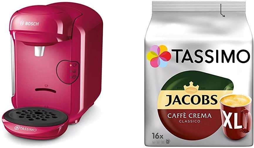 Bosch Hausgerate Bosch TAS1401 Tassimo Vivy2 Capsule Machine, Over 70 Drinks, Fully Automatic, Suitable for All Cups, Compact Size, Tassimo Capsules Jacobs Caffè Crema + Latte Macchiato + Milka + Tasting Box