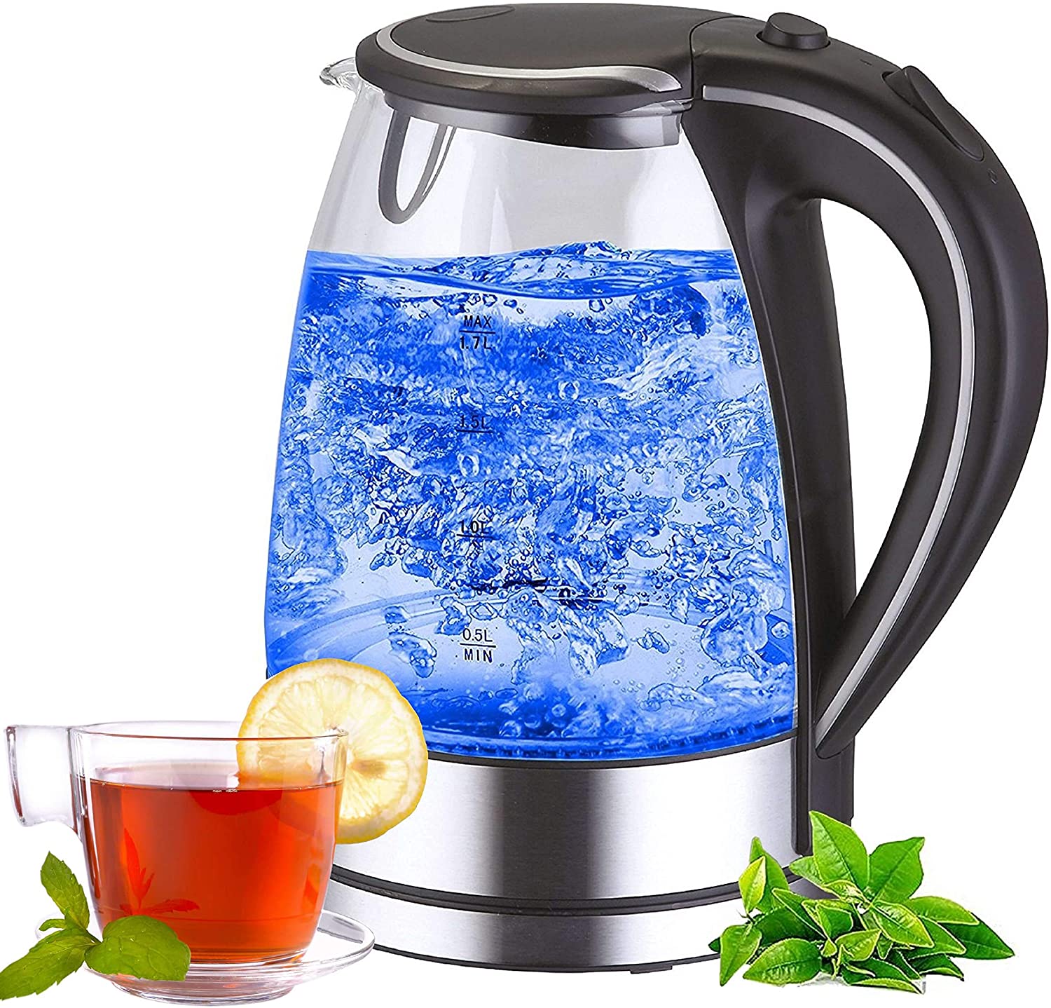 Zilan Stainless Steel Kettle | 2200 W | 1.7 Litres | Blue LED Interior Lighting | 360 Degree | Limescale Filter | BPA Free | Kettle | Water Conditioner | Tea Kettle | Glass Kettle