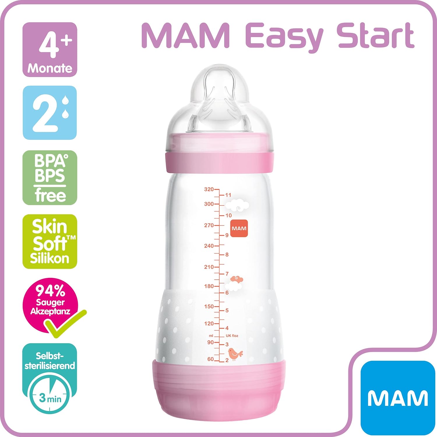 MAM Easy Start Anti-Colic Baby Bottle Set of 2 (260 ml), Milk Bottle with Innovative Bottom Anti-Colic Valve, Baby Drinking Bottle with Teat Size 1, from Birth, Seal