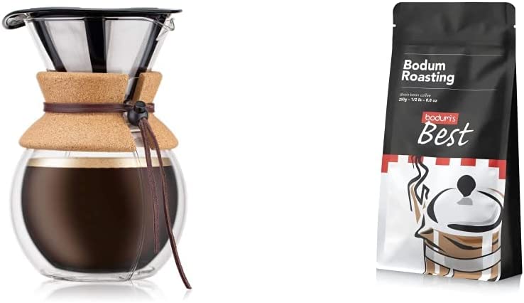 Bodum Pour Over Coffee Maker with Permanent Filter, Glass, Beige, 16.2 x 14.9 x 22.2 cm + Coffee Best 1 Pachamama + Santos 250 g