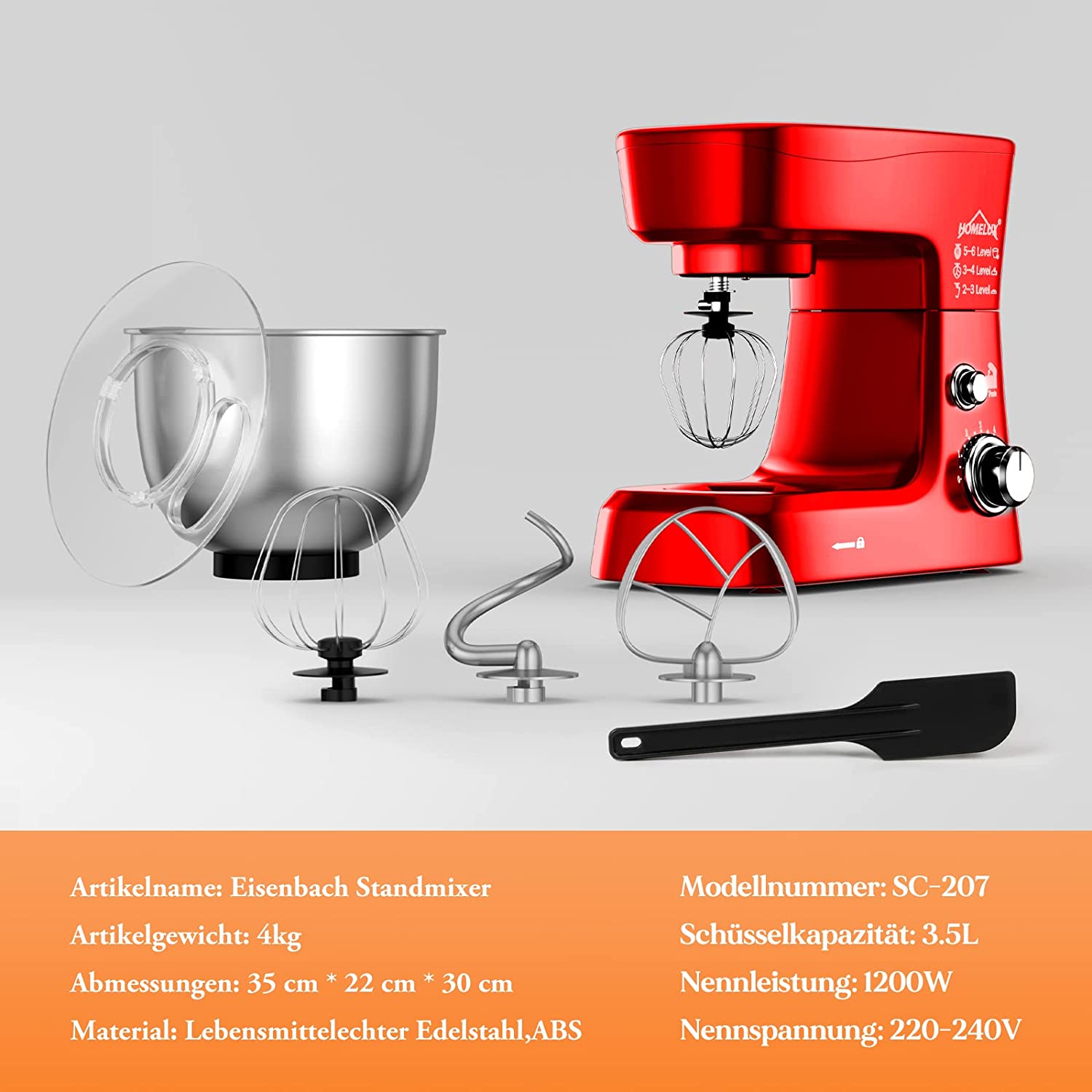 Eisenbach Professional Food Processor 1200 W Kneading Machine, 3.5 L Food Processor, Dough Machine, 6 Speeds, 8 Other Accessories Included, Dough Hook, Flat Stirrer, Whisk 207 Red