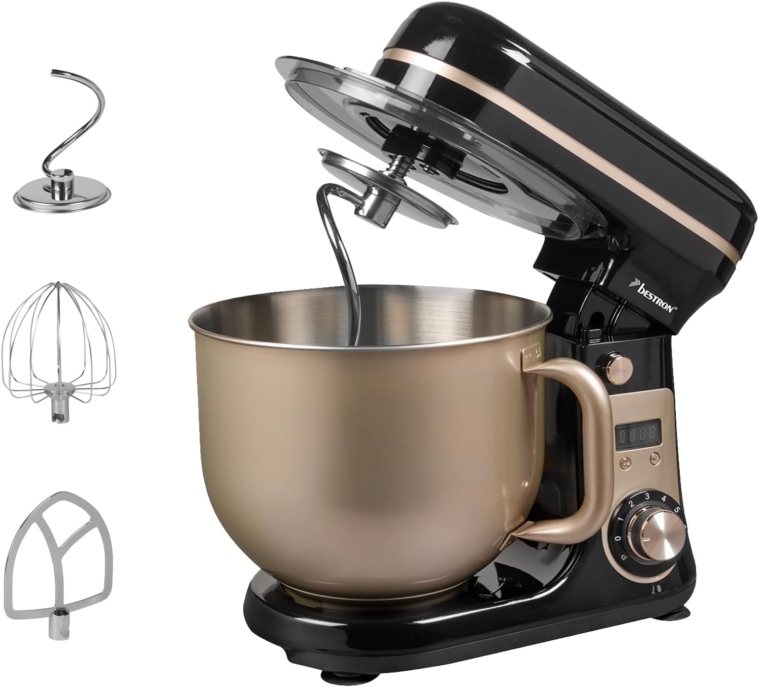 Bestron Super Silent Food Processor (65 db) 4-1 Food Processor with DC Motor, 6 Liter Mixing Bowl, Includes Dough Hook, Whisk and Batter Beater, 6 Speed ​​Levels + Pulse Function, Colour: Beige