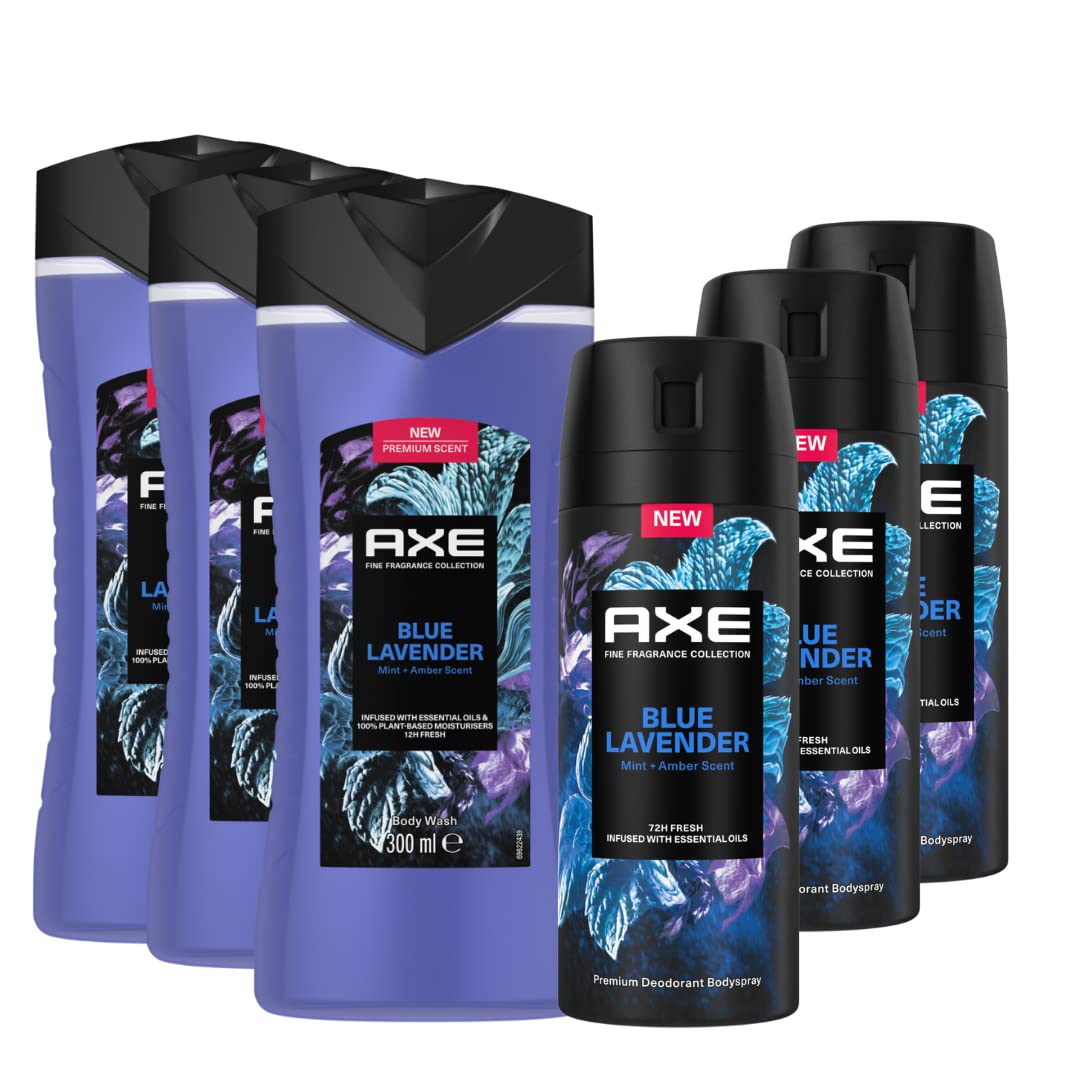 AXE Fine Fragrance Collection Body Spray and Shower Gel Blue Lavender Bodywash Deodorant with 2 x More Freshness Booster Pack of 6 (2 x 3)