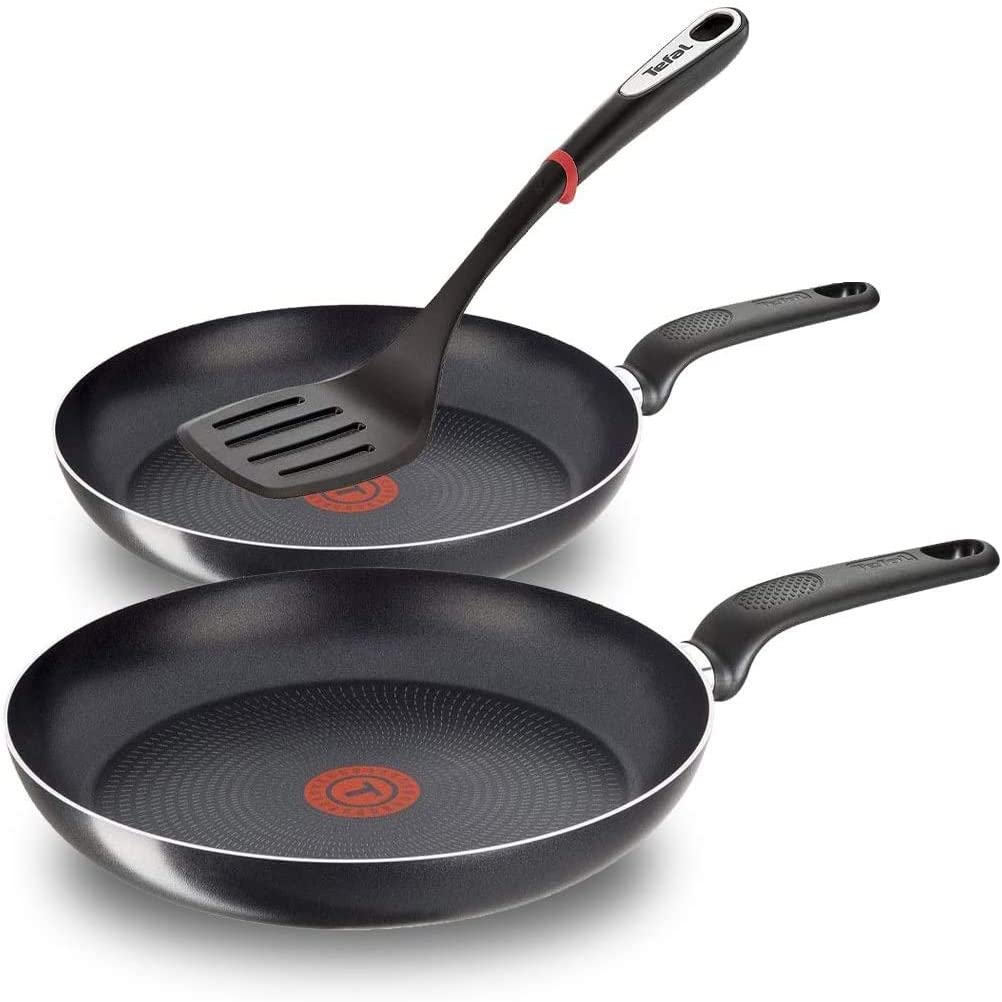 Tefal aluminium pan set 3 pieces 24 and 28 cm pan, WMF spatula, non-stick frying pans with integrated temperature display, ergonomic thermoplastic handle, extra deep shape.