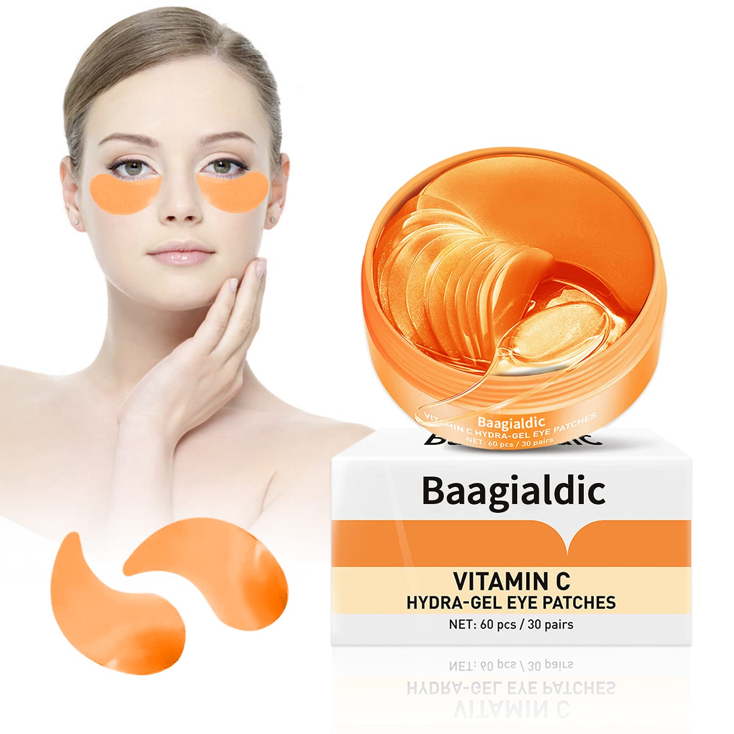 Baagialdic Augenpads Gegen Augenringe, Under Eye Mask, Hyaluron Eye Pads mit Vitamin C Hochkonzentriert, Augenpads Gel für Augenringe, Falten, Feine Linien, Tränensäcke, Puffiness, 30 Paar, ‎orange