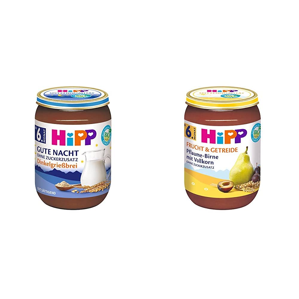 Hipp Milchbreie im Glas - Gute Nacht - ohne Zuckerzusatz, Dinkelgrießbrei, 6er Pack (6 x 190 g) & Pflaume-Birne mit Vollkorn, 6er Pack (6 x 190 g)