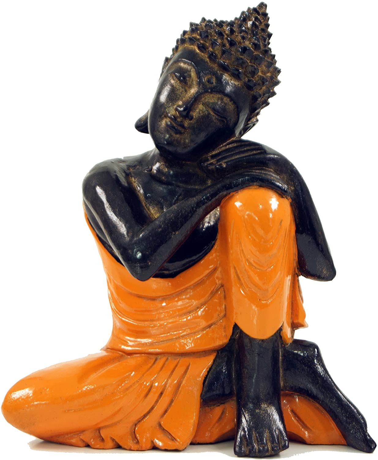 Guru-Shop GURU SHOP Carved Sitting Buddha Figure, Dreaming Buddha – Orange/Right, 28 x 21 x 12 cm