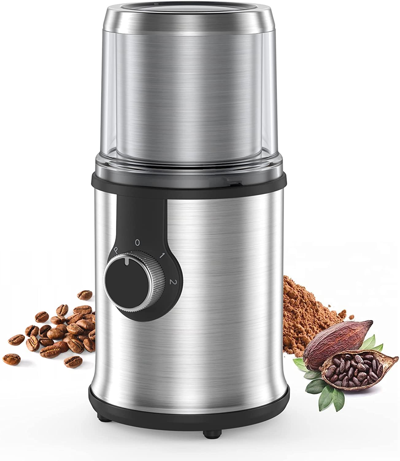 Fibonardo Electric Coffee Grinder with Removable Cup, 350 W Electric Spice Mill for Coffee Beans, Seeds, Herbs, Spices, Stainless Steel Coffee Grinder with Non-Slip Feet & Anti-Splash Sealing Ring, Clear Lid