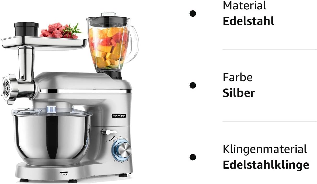 Homlee 3 in 1 Universal Food Processor 1800 W Multifunctional Kneading Machine 6-Level Speed Mixer, with Mincer, 1.5 L Juicer, 5.5 L Stainless Steel Bowl