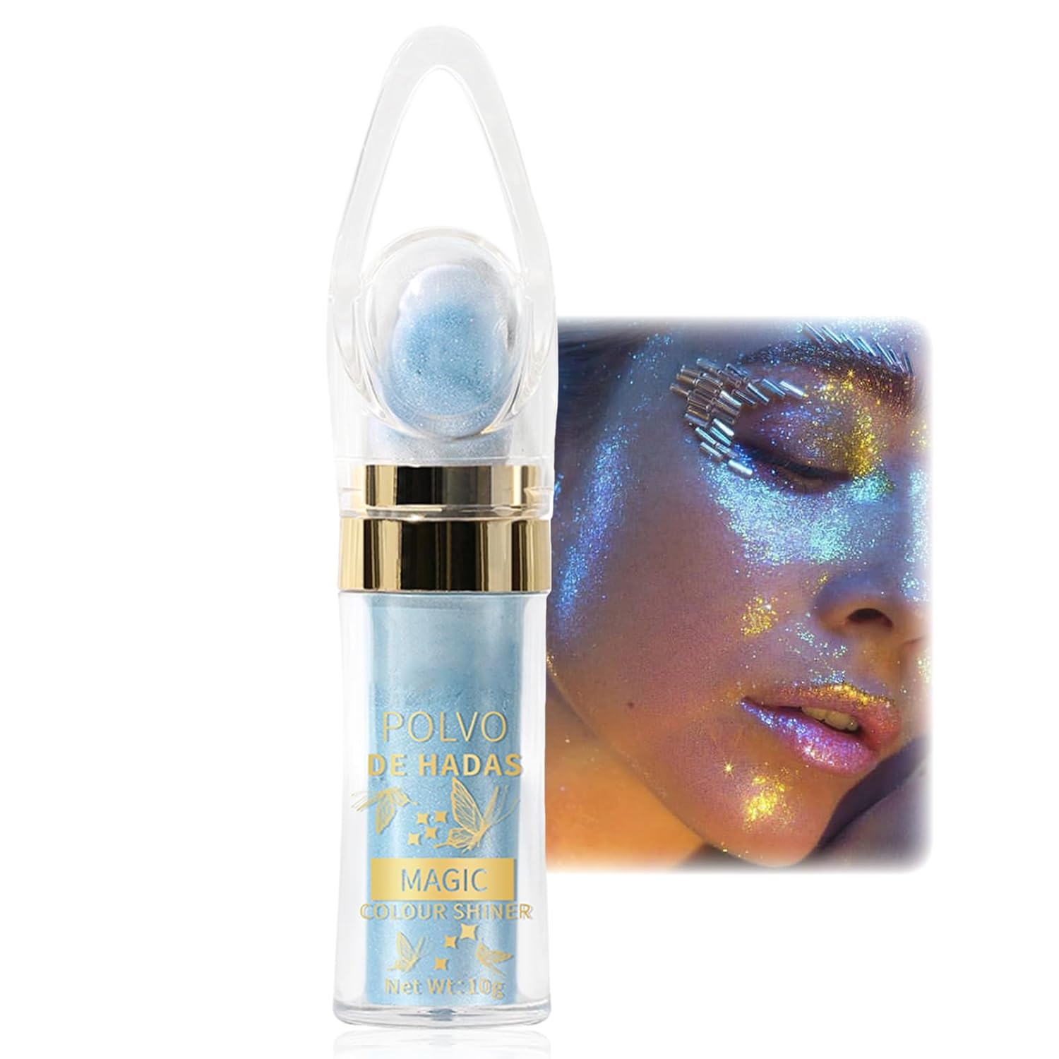 Highlighter Powder Stick, Polvo De Hadas Highlighter Patting Stick for Face/Hair/Body, Waterproof Blue Fairy Glitter Patting Powder with Fine Shimmer, Glowy Body Glitter High Gloss Make Up Powder
