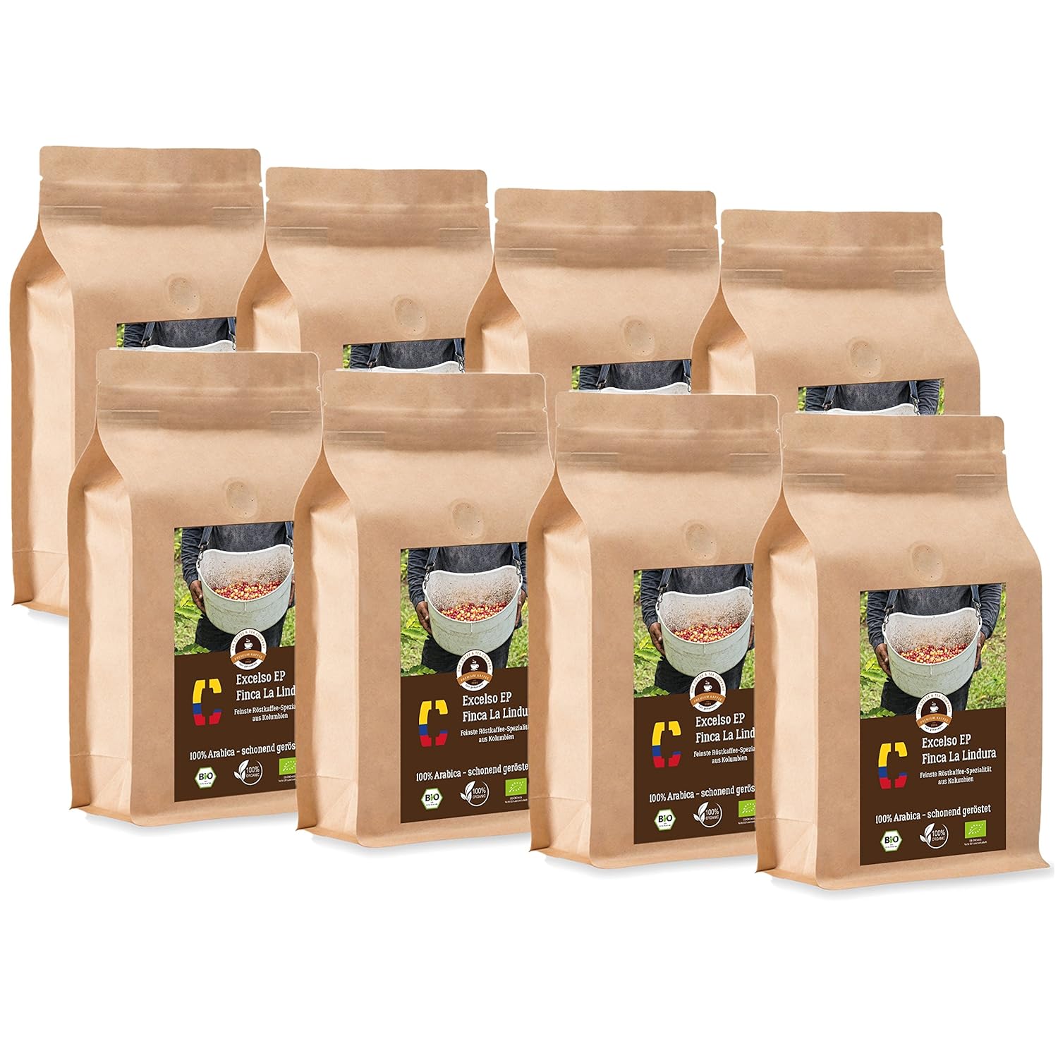 Coffee Globetrotter - Colombia Excelso EP Finca la Lindura - Organic - 8 x 1000 g Very Fine Ground - for Fully Automatic Coffee Grinder - Roasted Coffee from Organic Cultivation | Gastropack Economy