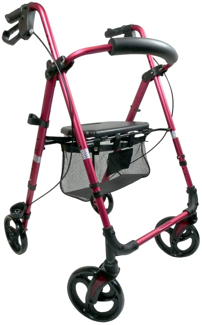 FabaCare Actimo Light Lightweight Folding Rollator Walking Aid for Seniors with FabaCare Safety Reflectors Red