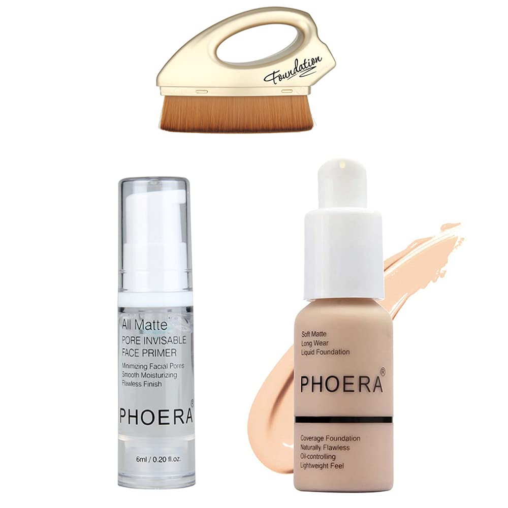HOPHAT 1 Makeup Foundation 1 Make up Pinsel 1 Makeup Primer Set volle Deckkraft 24 Stunden lang anhaltende wasserdichte Gesichtsprimer Foundation für Frauen fettige Haut Concealer Makeup Pack (102), ‎102
