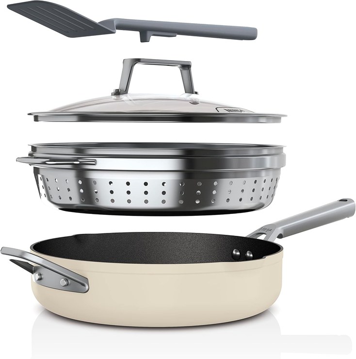 Ninja Foodi 9-in-1 PossiblePan with ZEROSTICK, Steamer/Strainer, Spatula, Glass Lid, 3.8 L, Induction Safe, Oven Safe up to 260°C, Vanilla Bean CW102WHUK