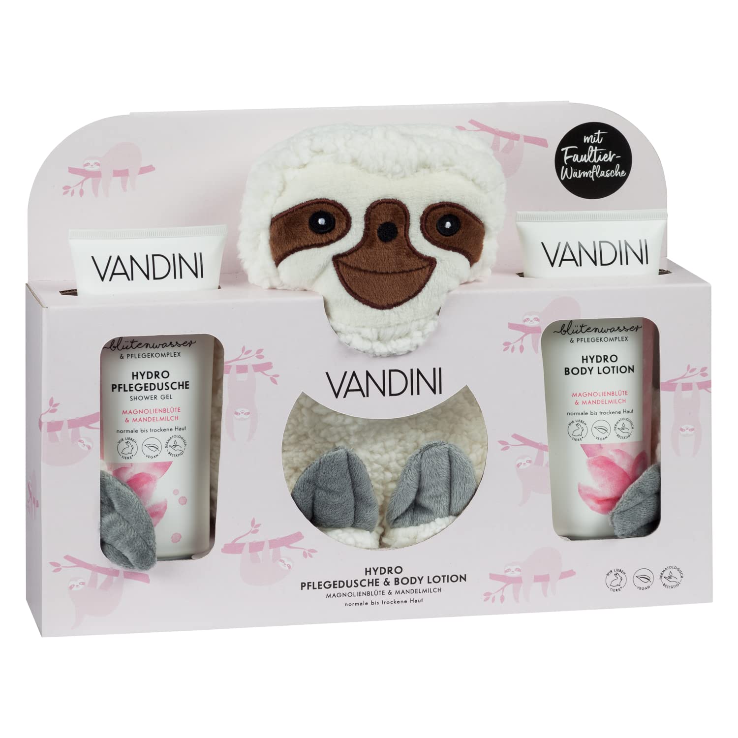 VANDINI Geschenkset mit Faultier Wärmflasche - Hydro Pflege Duschgel & Body Lotion für Frauen mit normaler bis trockener Haut - Shower Gel & Bodylotion Beauty Set - Wellness Set, Pflegeset, ‎wärmflasche