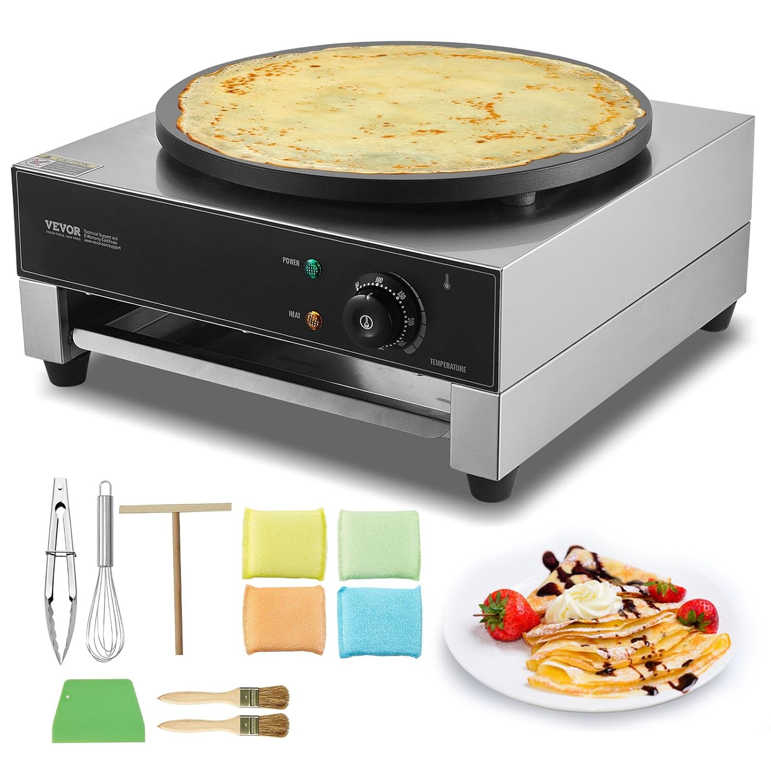 VEVOR Electric Crepe Maker Crepe Machine 1700W Flat Crepe Grill Plate 40cm Non-Stick Stainless Steel Fanncake Cooker Round Cereal Pancake Cooker Temperature Control
