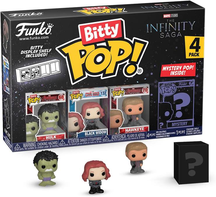 Funko Bitty Pop! Marvel - Hulk 4PK - Hulk, Black Widow, Hawkeye and a Surprise Mini Figure - 0.9 Inch (2.2 cm) - Marvel Comics Collectible Stackable Display Shelf Included